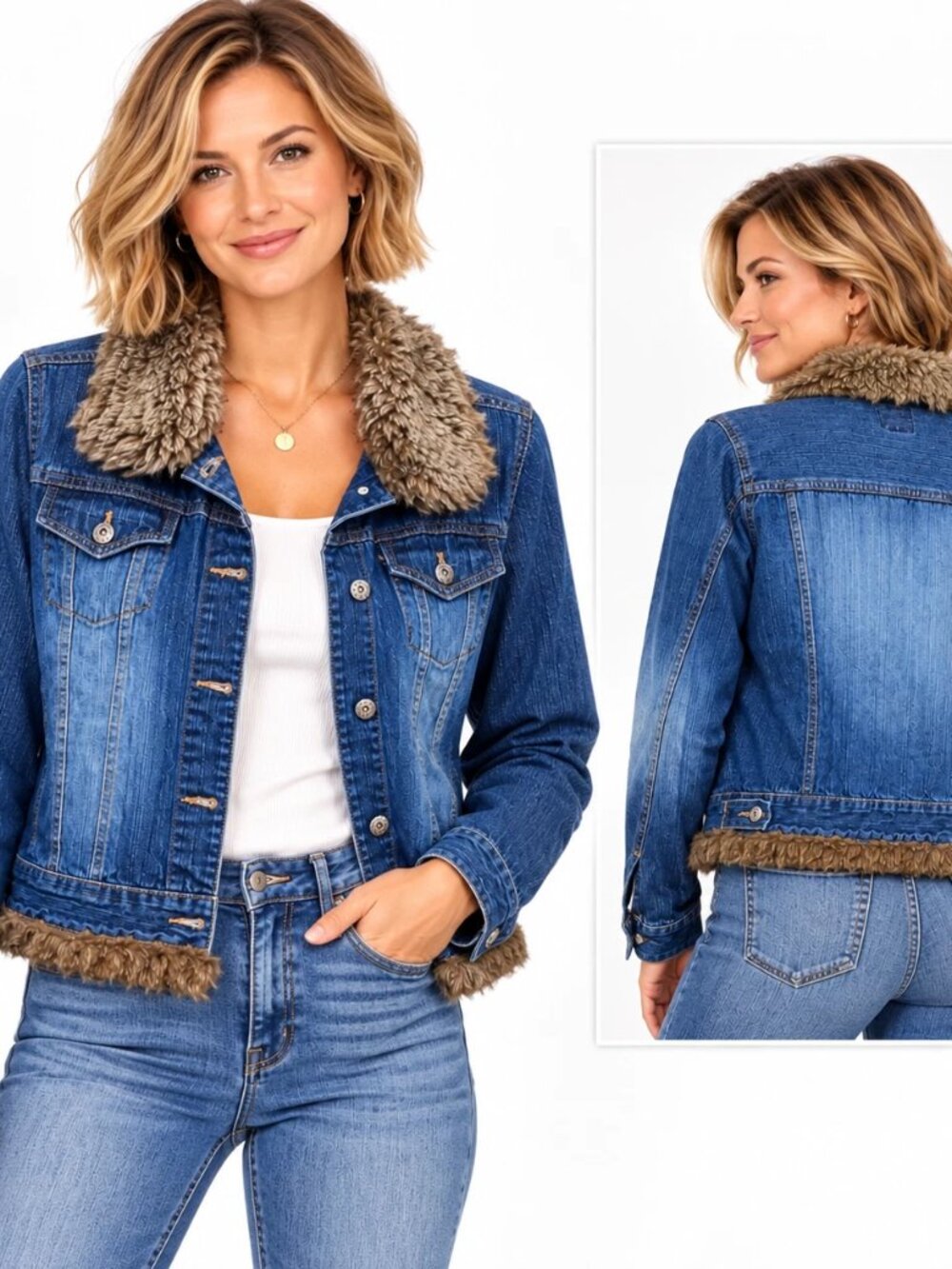 Vintage Y2K Route 66 Denim Jacket M Faux Fur Trim Western Biker Grunge